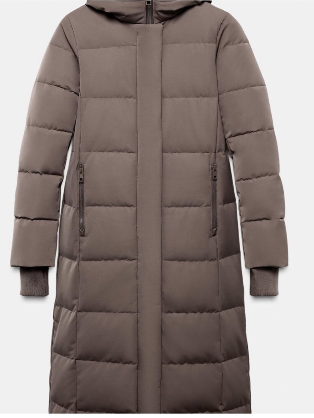 Zara Hooded Long Puffer Coat in Taupe Brown